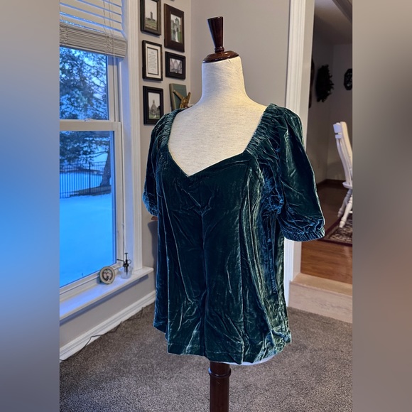 LOFT Deep Teal Faux Velvet Puff Sleeve Renaissance Faire Blouse - Picture 5 of 7